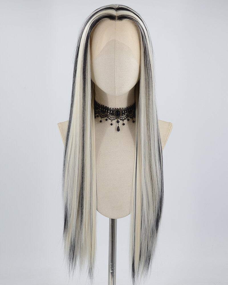 White Blonde Black Streak Synthetic Lace Front Wig WW442