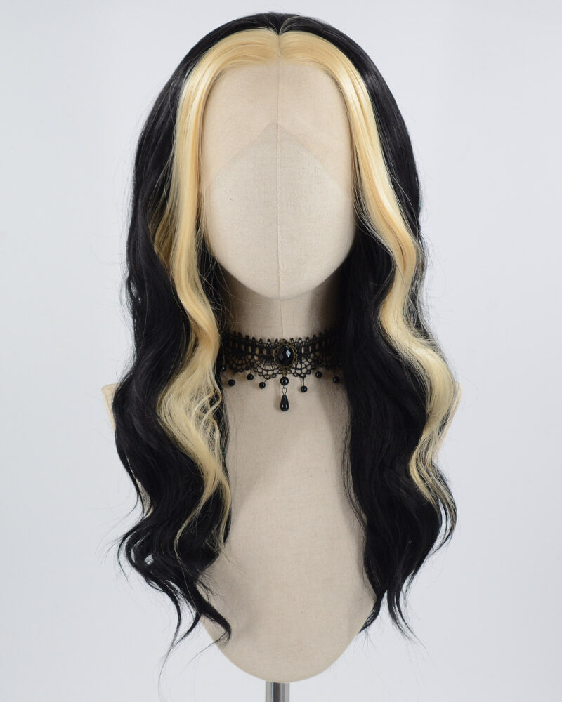 Blonde Skunk Stripe Black Synthetic Lace Front Wig WW585