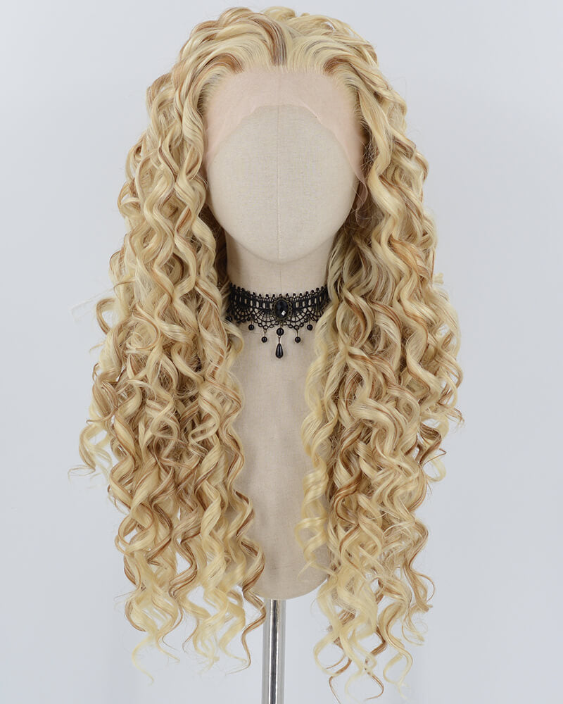 Long Curly Blonde Brown Synthetic Lace Front Wig WW740