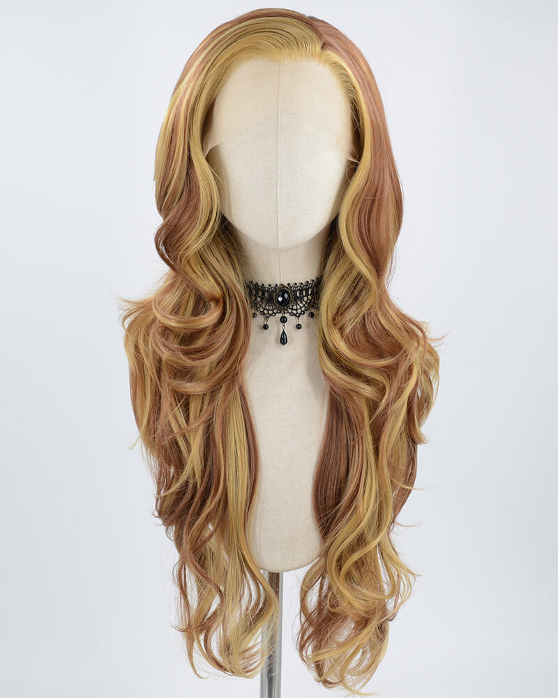 Brown Skunk Stripe Long Wavy Synthetic Lace Front Wig WT234