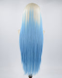 White Blonde Ombre Blue Long Straight Synthetic Lace Front Wig WW506