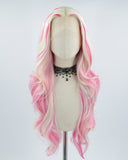 White Blonde Pink Long Wavy Synthetic Lace Front Wig WT223