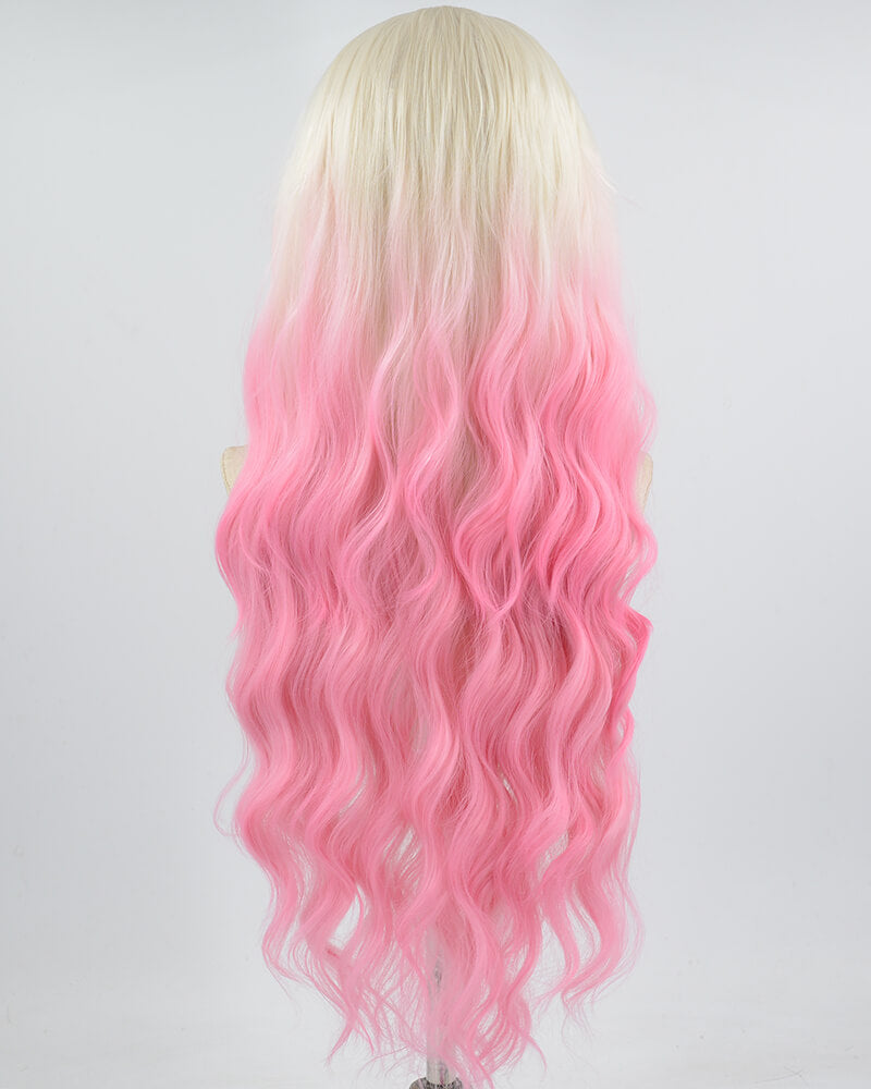 Platinum Blonde Ombre Pink Wavy Synthetic Lace Front Wig WW646