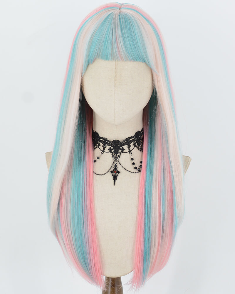 Blue Highlights Pink Synthetic Wig HW841