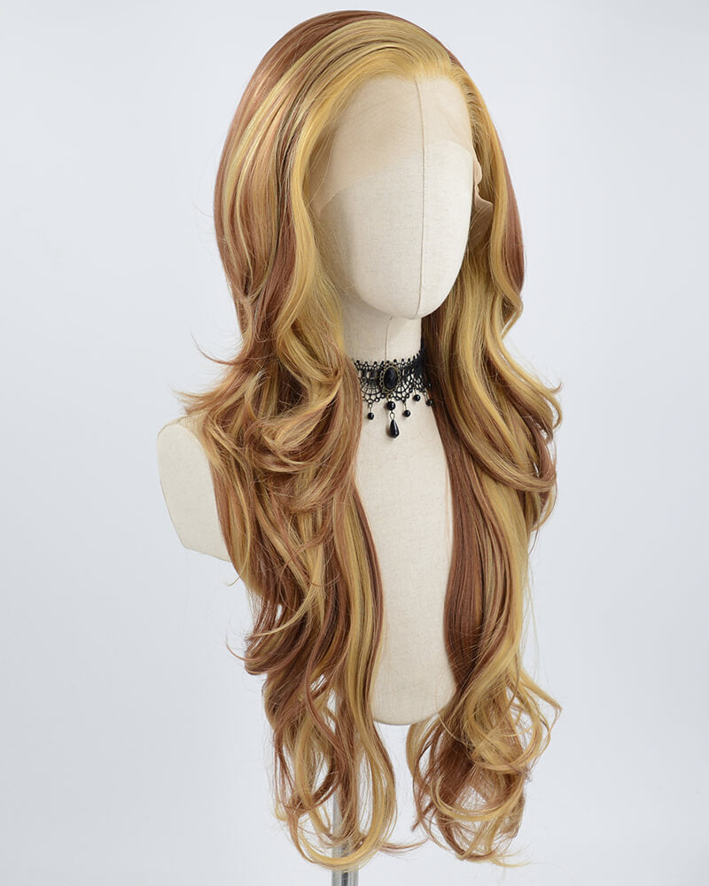 Brown Skunk Stripe Long Wavy Synthetic Lace Front Wig WT234