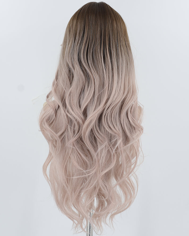 Brown Ombre Grey Pink Wavy Synthetic Wig HW691