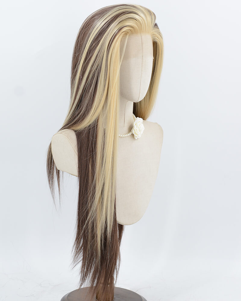 Blonde Streaked Brown Synthetic Lace Front Wig WW532