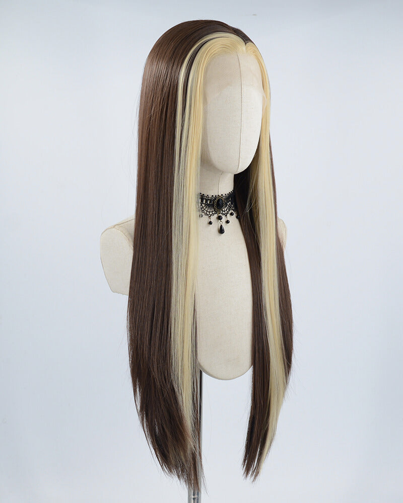 Blonde Streaked Brown Synthetic Lace Front Wig WW532