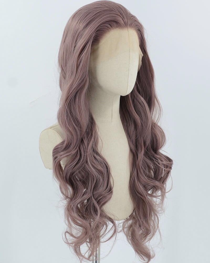 Dusty Pink Long Wavy Synthetic Lace Front Wig WW905