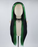 Green Streaked Black Long Straight Synthetic Lace Front Wig WT224