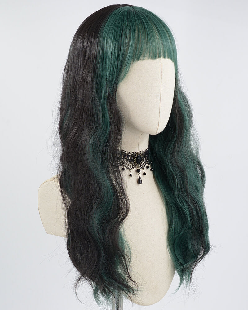 Green Bangs Black Synthetic Wig HW318