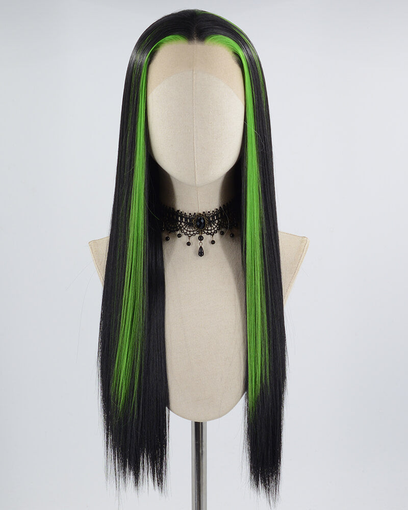 Green Black Long Straight Synthetic Lace Front Wig WW624
