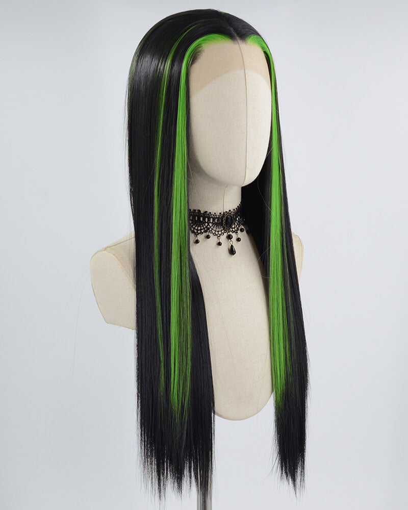Green Black Long Straight Synthetic Lace Front Wig WW624