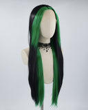 Green Streaked Black Long Straight Synthetic Lace Front Wig WT224