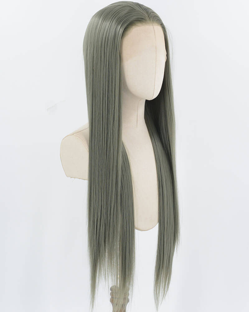 Grey Green Long Straight Synthetic Lace Front Wig WW919