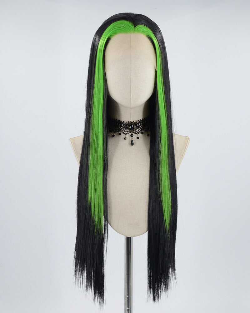 Green Streaked Black Synthetic Lace Front Wig WW531