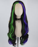 Green Purple Black Long Wavy Synthetic Lace Front Wig WW576