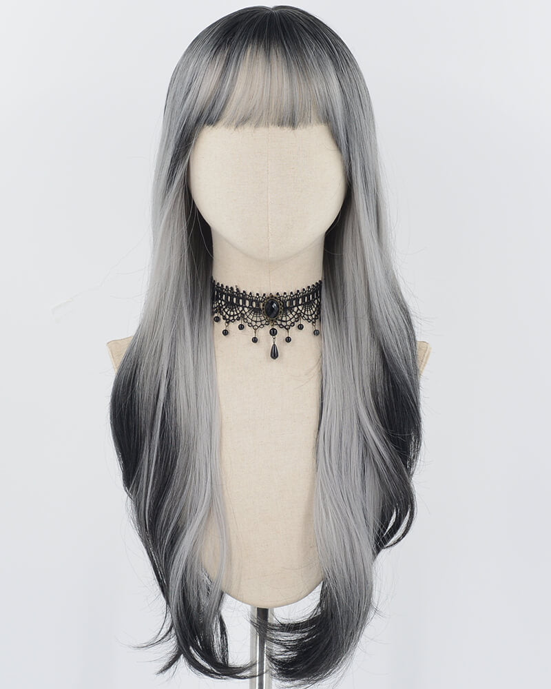 Black Ombre Grey Long Wavy Synthetic Wig HW493
