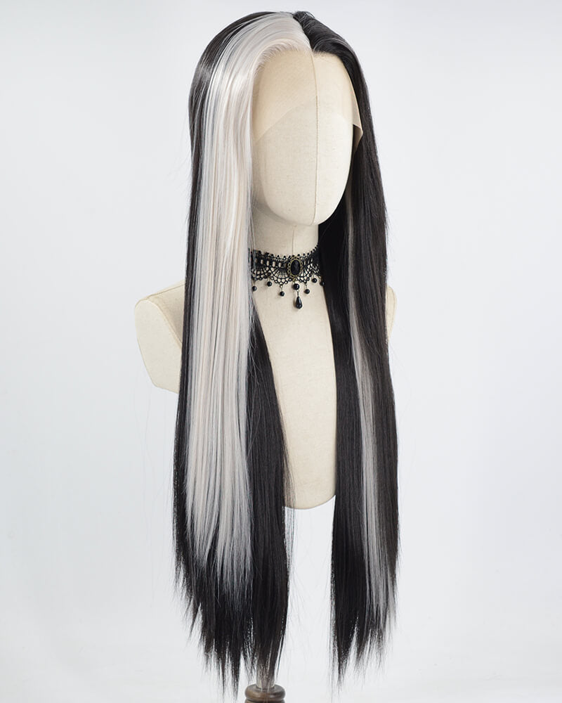 Grey Black Long Straight Synthetic Lace Front Wig WW674