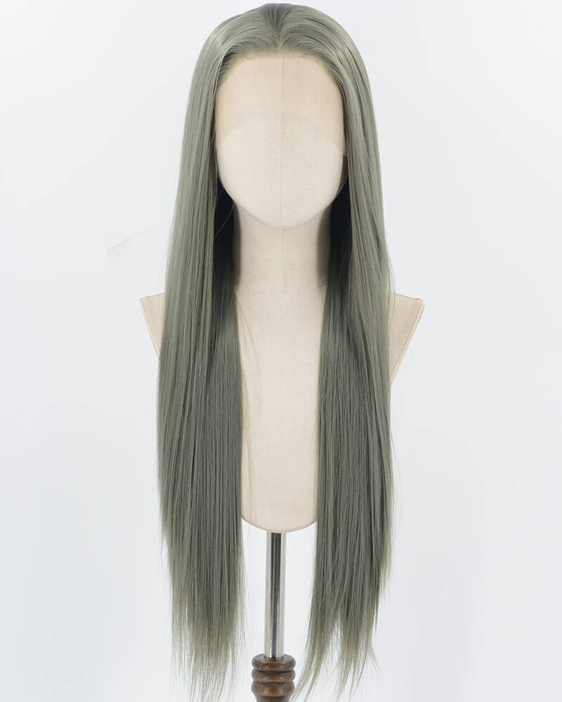Grey Green Long Straight Synthetic Lace Front Wig WW919