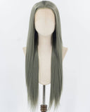 Grey Green Long Straight Synthetic Lace Front Wig WW919