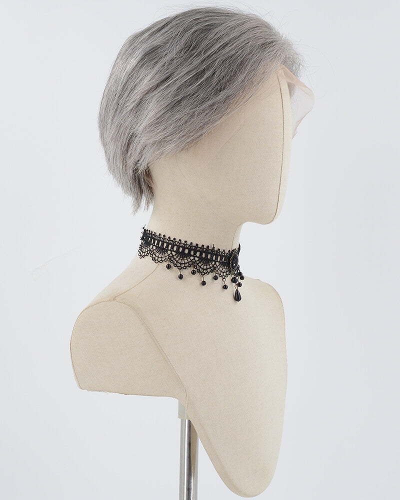 Pixie Cut Grey Mixed Human Hair Wig HT033