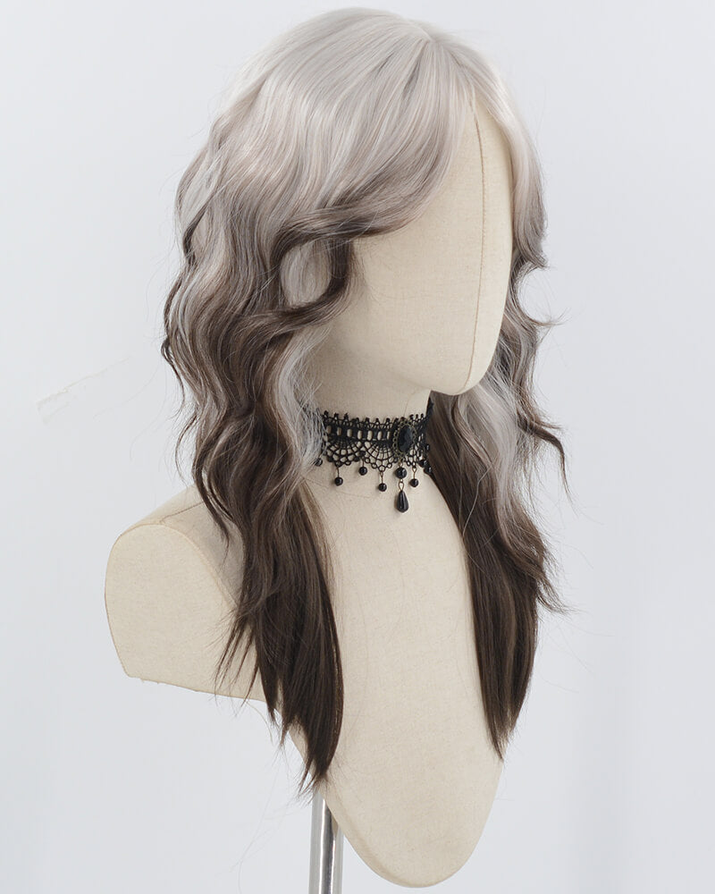 Silver Grey Ombre Brown Wavy Synthetic Wig HW718