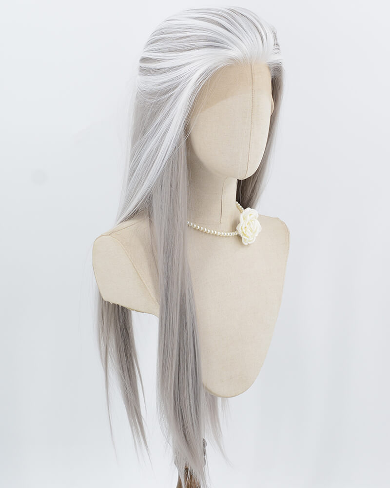Grey Skunk Stripe White Synthetic Lace Front Wig WW1018
