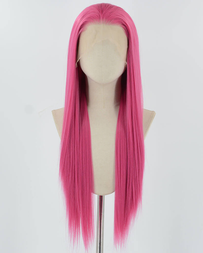 Hot Rose Pink Long Straight Synthetic Lace Front WigWW877