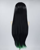 Green Streaked Black Long Straight Synthetic Lace Front Wig WT224
