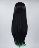 Green Streaked Black Long Straight Synthetic Lace Front Wig WT224