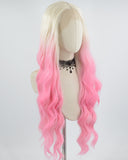 Platinum Blonde Ombre Pink Wavy Synthetic Lace Front Wig WW646