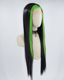 Green Streaked Black Synthetic Lace Front Wig WW531