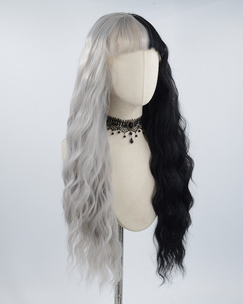 Half Grey Half Black Curly Synthetic Lace Front Wig WW319