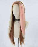 Brown Skunk Stripe Pink Blonde Synthetic Lace Front Wig WW621