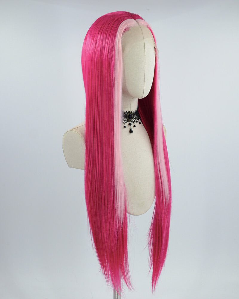 Straight Pink Streaked Long Synthetic Lace Front Wig WW542