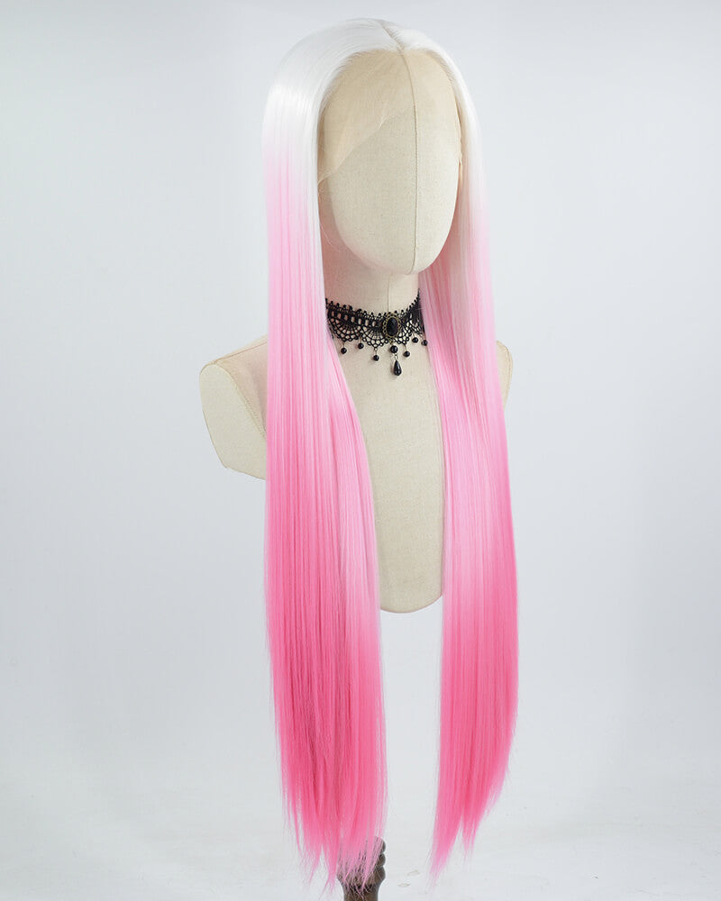 White Ombre Pink Long Straight Synthetic Lace Front Wig WW633
