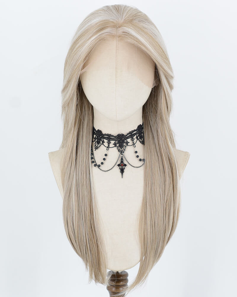 Ash Blonde Highlights White Grey Synthetic Lace Front Wig WW1073