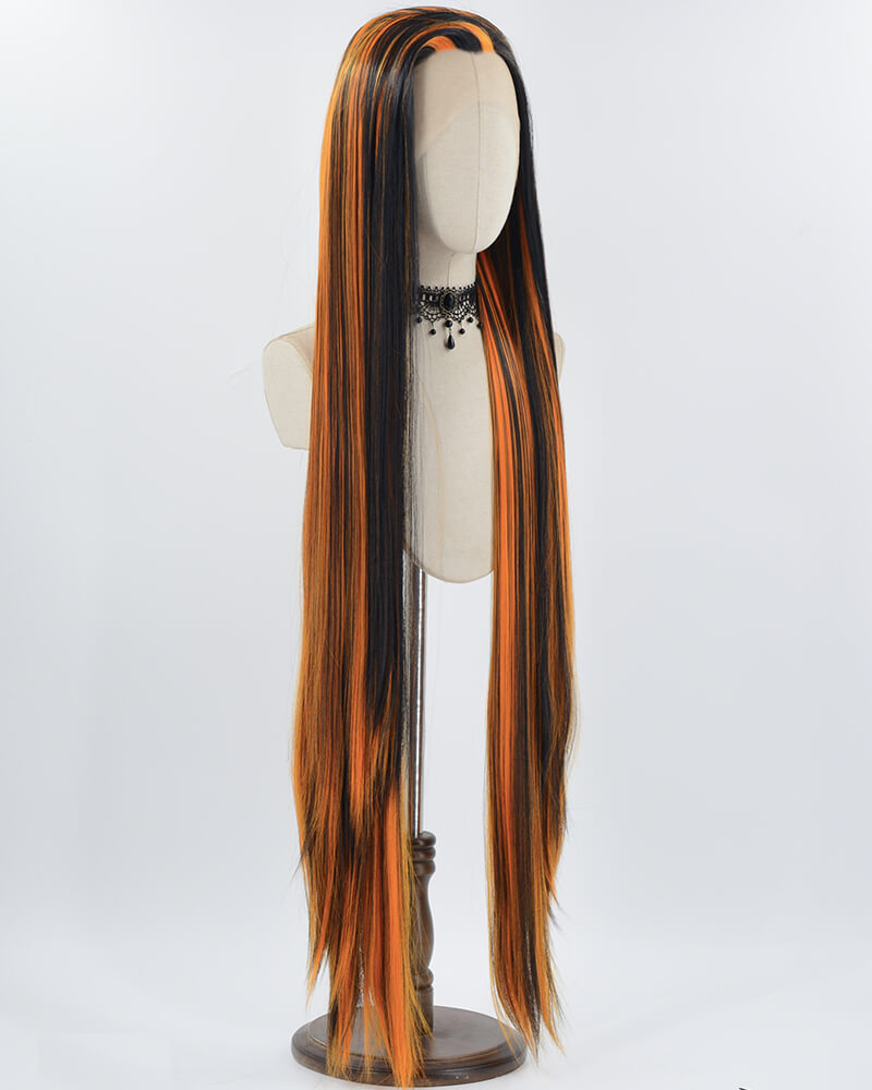40Inch Long Neon Orange Black Synthetic Lace Front Wig WW750