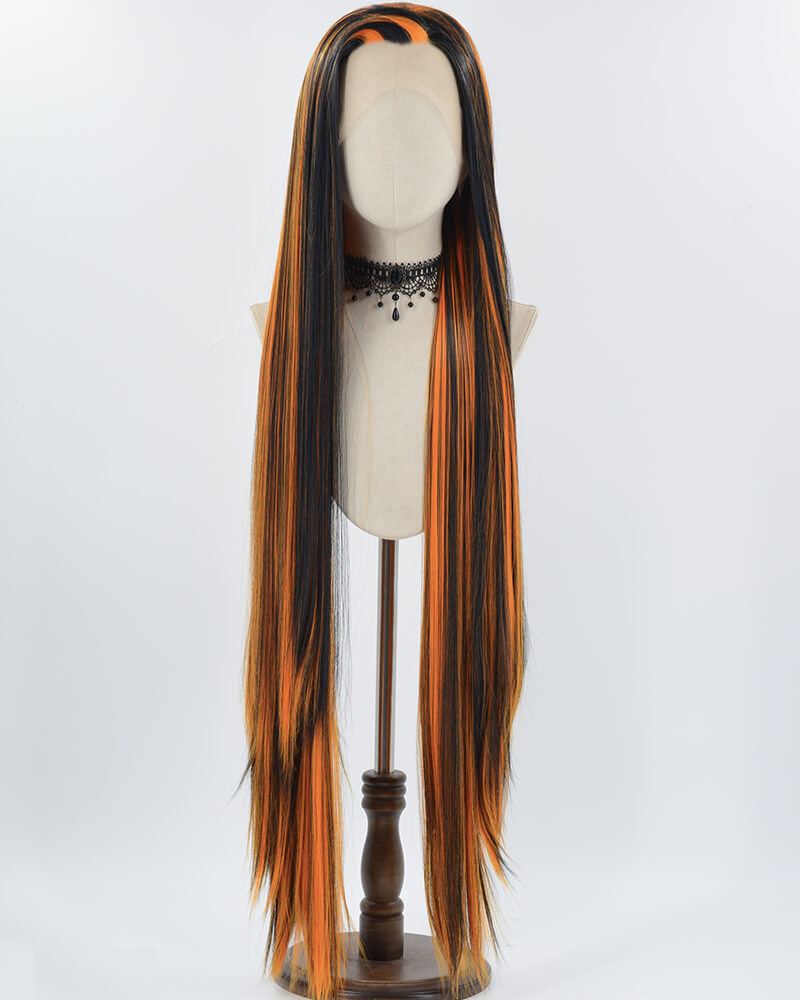 40Inch Long Neon Orange Black Synthetic Lace Front Wig WW750