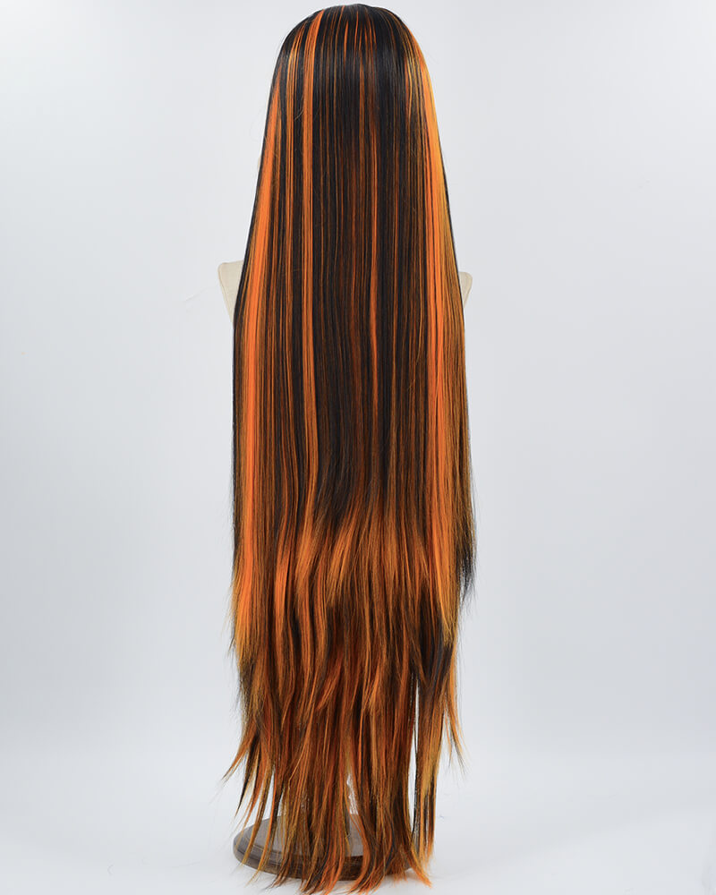 40Inch Long Neon Orange Black Synthetic Lace Front Wig WW750