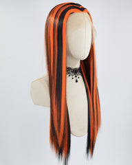 Black Highlights Orange Synthetic Lace Front Wig WT234