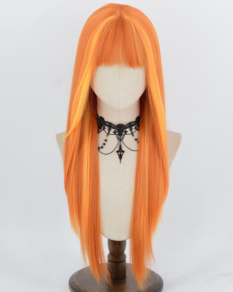 Long Straight Orange Highlight Synthetic Wig HW871