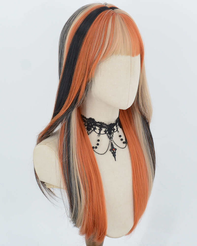 Orange Blonde Highlights Black Synthetic Wig HW844
