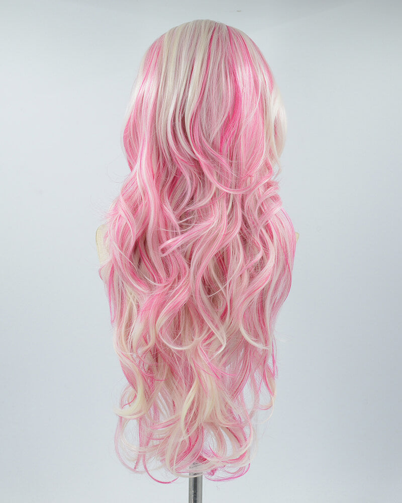 White Blonde Pink Long Wavy Synthetic Lace Front Wig WT223