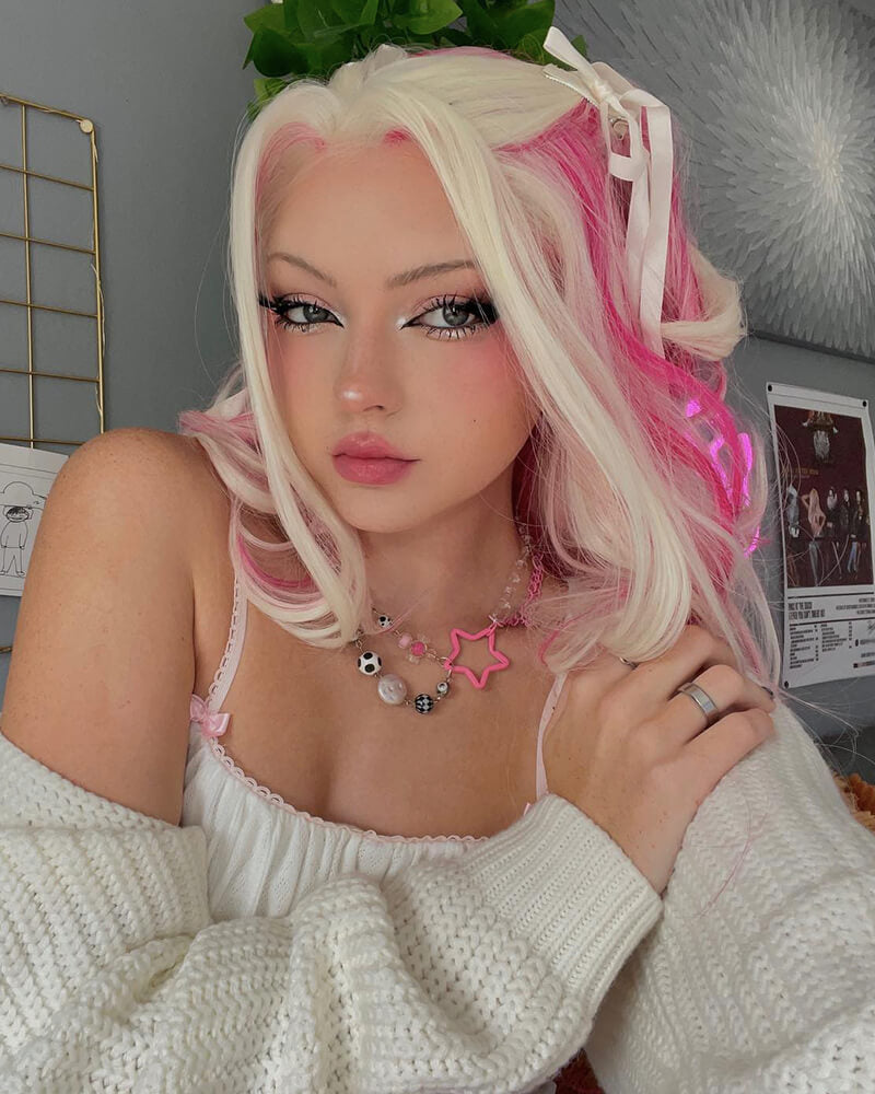 White Blonde Pink Long Wavy Synthetic Lace Front Wig WT223