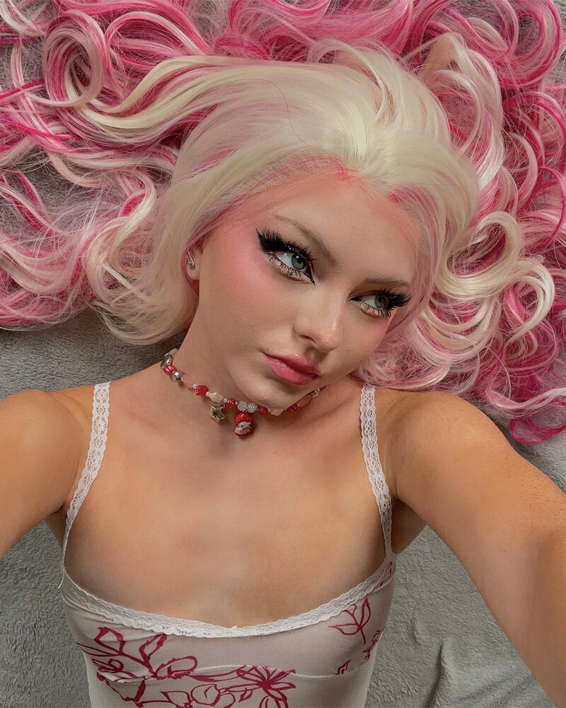White Blonde Pink Long Wavy Synthetic Lace Front Wig WT223