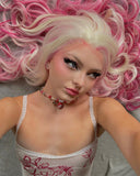 White Blonde Pink Long Wavy Synthetic Lace Front Wig WT223