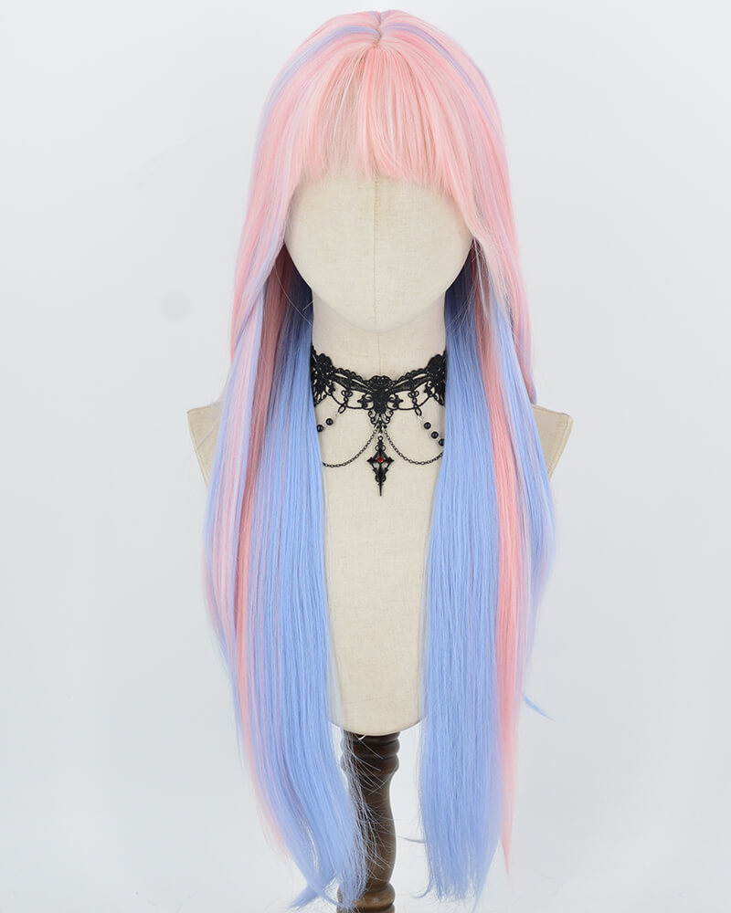 30Inch Long Pink Blue Synthetic Wig HW876