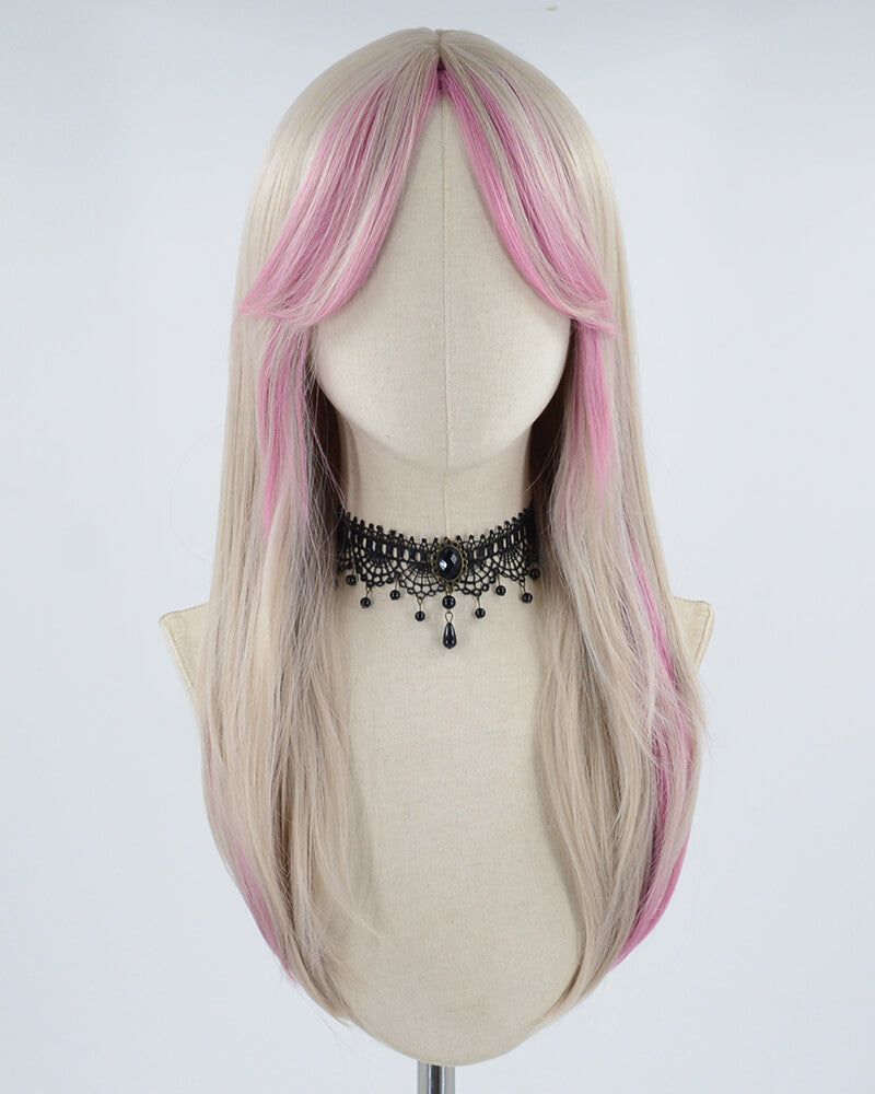 Pink Silver Grey Long Synthetic Wig HW279